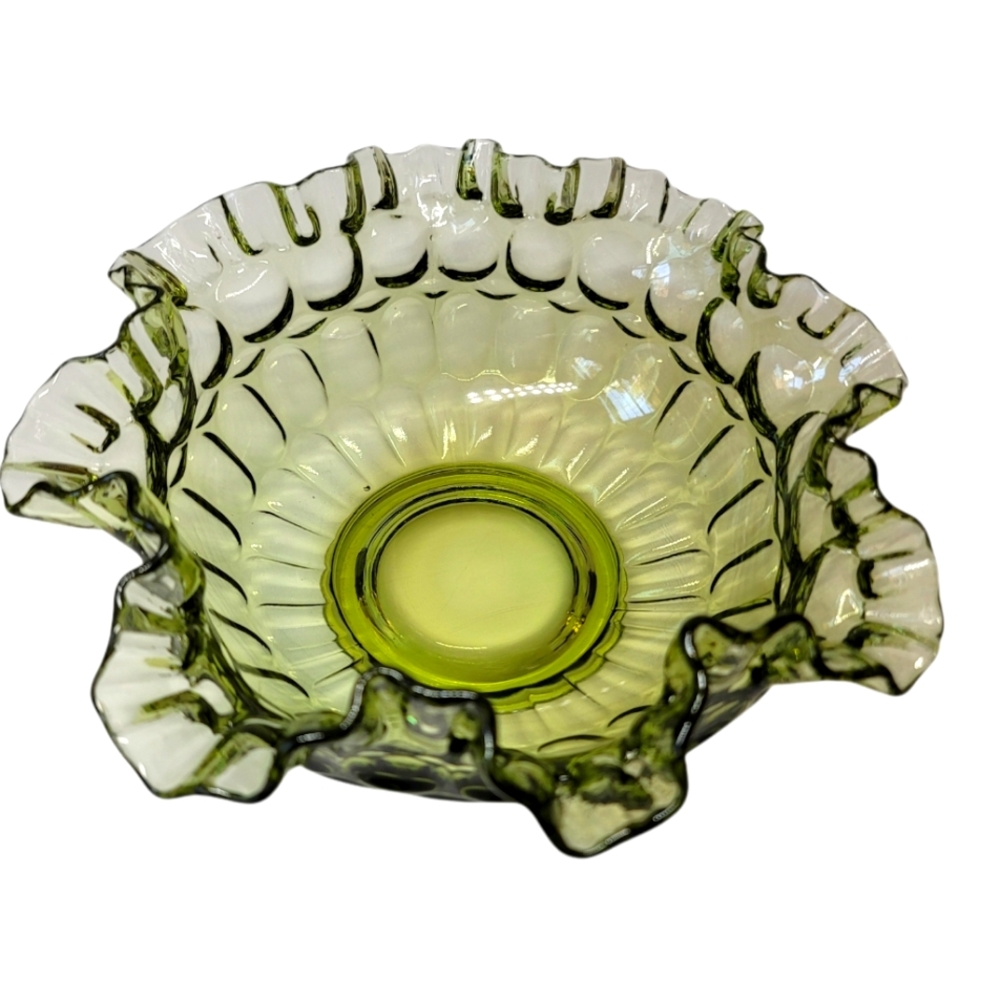 Vintage Fenton thumbprint cramped ruffle bowl Avocado green